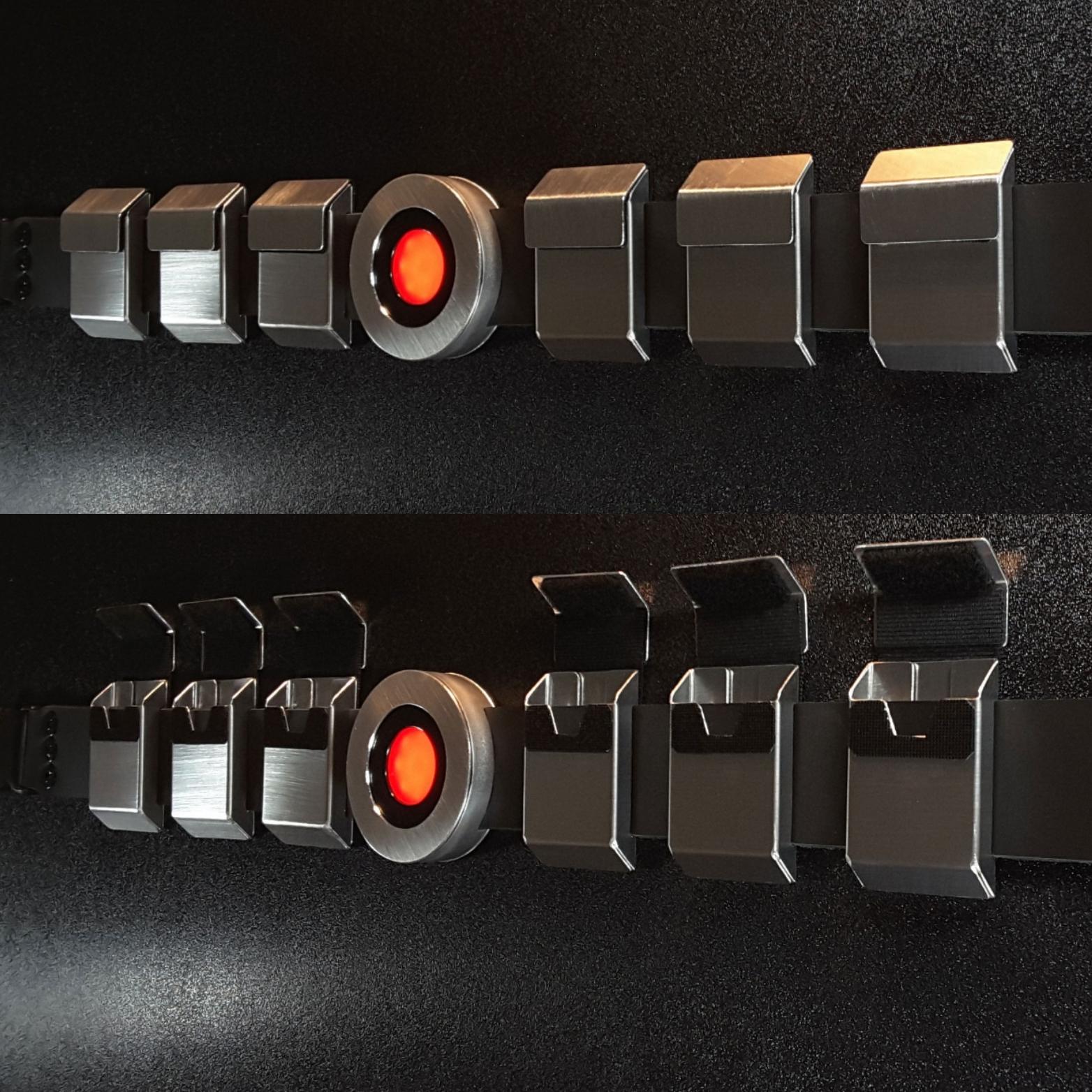 Metal batman beyond utility belt with functional aluminum pouches glowing red belt buckle and leather belt